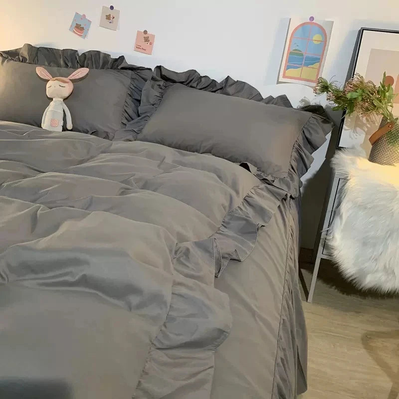 مجموعة مفروشات سرير على طراز الأميرة للمرأة فتاة لطيفة لون موحد كشكش غطاء لحاف ملكي كبير ملاءة سرير تنورة سرير أغطية وسائد