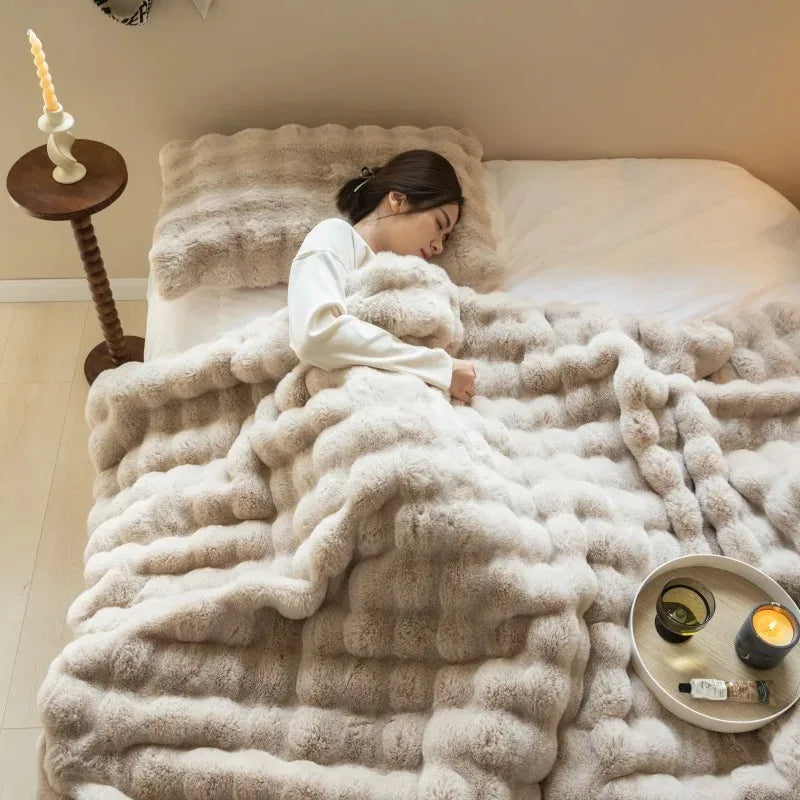 Super soft faux fur blanket similar to rabbit fur - a bubble blanket suitable for all seasons for the bedroom, bed, and sofa; a winter home decor knitted fleece.