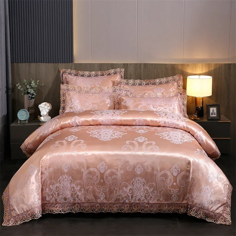عرض خاص لعام 2025 - طقم مفروشات سرير فاخر من أربع قطع من الساتان الجاكار الأوروبي، غطاء لحاف من الدانتيل المصقول، ملاءة سرير، ومجموعة مفروشات سرير عالية الجودة