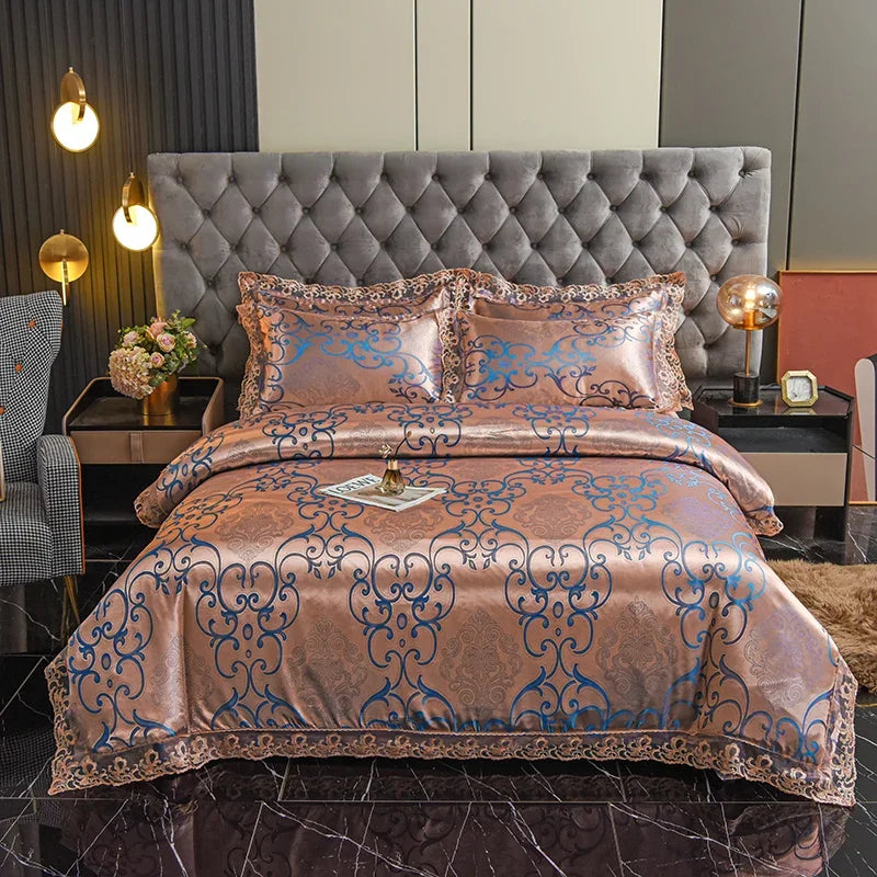 عرض خاص لعام 2025 - طقم مفروشات سرير فاخر من أربع قطع من الساتان الجاكار الأوروبي، غطاء لحاف من الدانتيل المصقول، ملاءة سرير، ومجموعة مفروشات سرير عالية الجودة