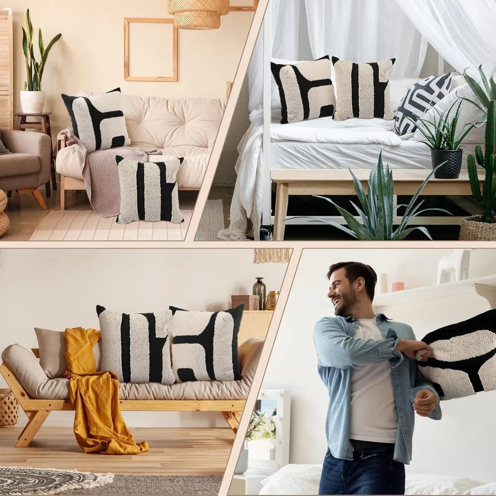 Thick black and white patterned pillow cover - Bohemian geometric pattern decorative pillow cover (18 x 18 inches, abstract pattern)