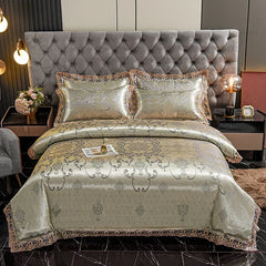 عرض خاص لعام 2025 - طقم مفروشات سرير فاخر من أربع قطع من الساتان الجاكار الأوروبي، غطاء لحاف من الدانتيل المصقول، ملاءة سرير، ومجموعة مفروشات سرير عالية الجودة