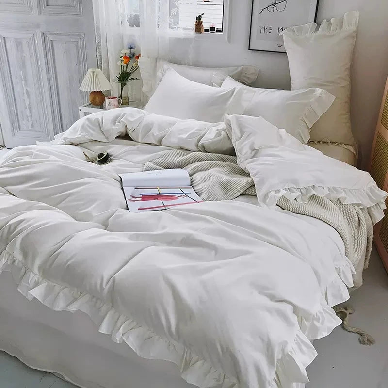 مجموعة مفروشات سرير على طراز الأميرة للمرأة فتاة لطيفة لون موحد كشكش غطاء لحاف ملكي كبير ملاءة سرير تنورة سرير أغطية وسائد