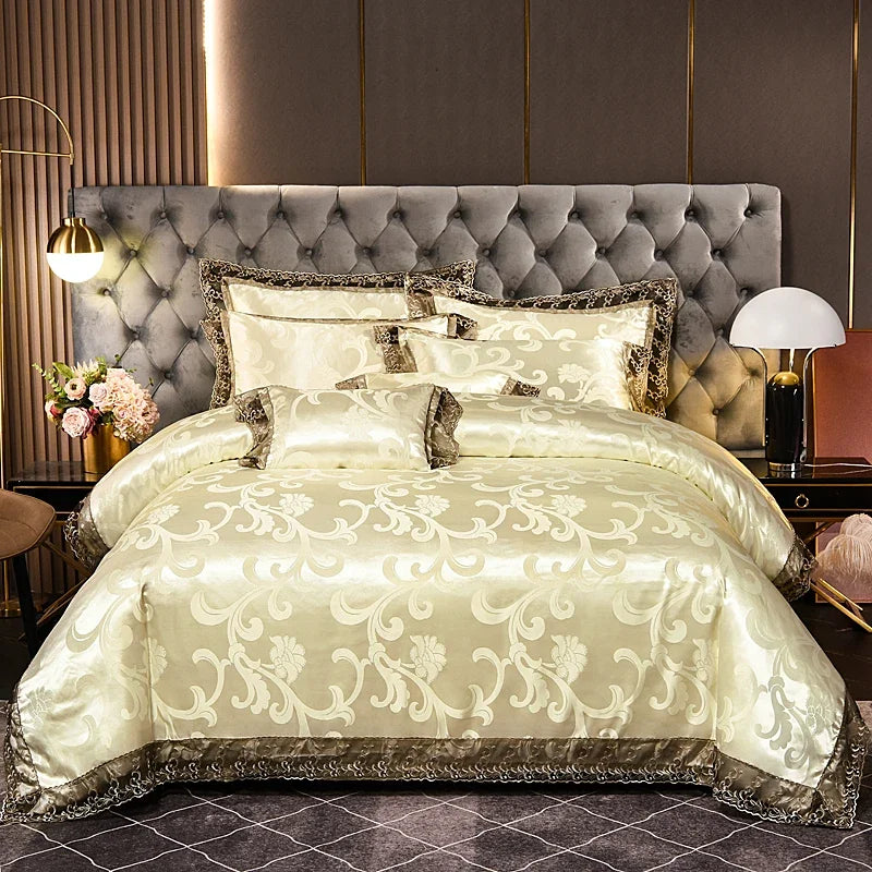 عرض خاص لعام 2025 - طقم مفروشات سرير فاخر من أربع قطع من الساتان الجاكار الأوروبي، غطاء لحاف من الدانتيل المصقول، ملاءة سرير، ومجموعة مفروشات سرير عالية الجودة