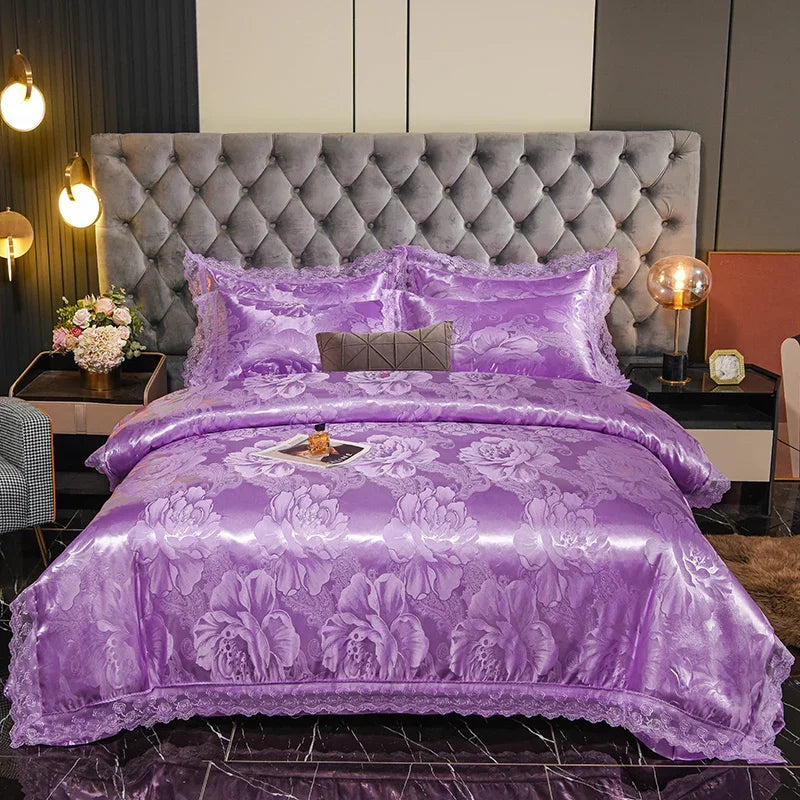 عرض خاص لعام 2025 - طقم مفروشات سرير فاخر من أربع قطع من الساتان الجاكار الأوروبي، غطاء لحاف من الدانتيل المصقول، ملاءة سرير، ومجموعة مفروشات سرير عالية الجودة