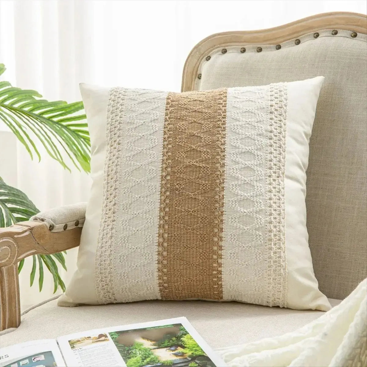 18x18 inch cotton and burlap pillow covers, in a rustic bohemian pattern, striped, suitable for spring and summer.