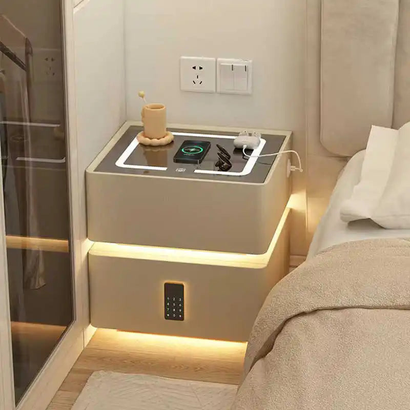 Smart hanging bedside table with cream design and lighting - Modern bedside storage cabinet