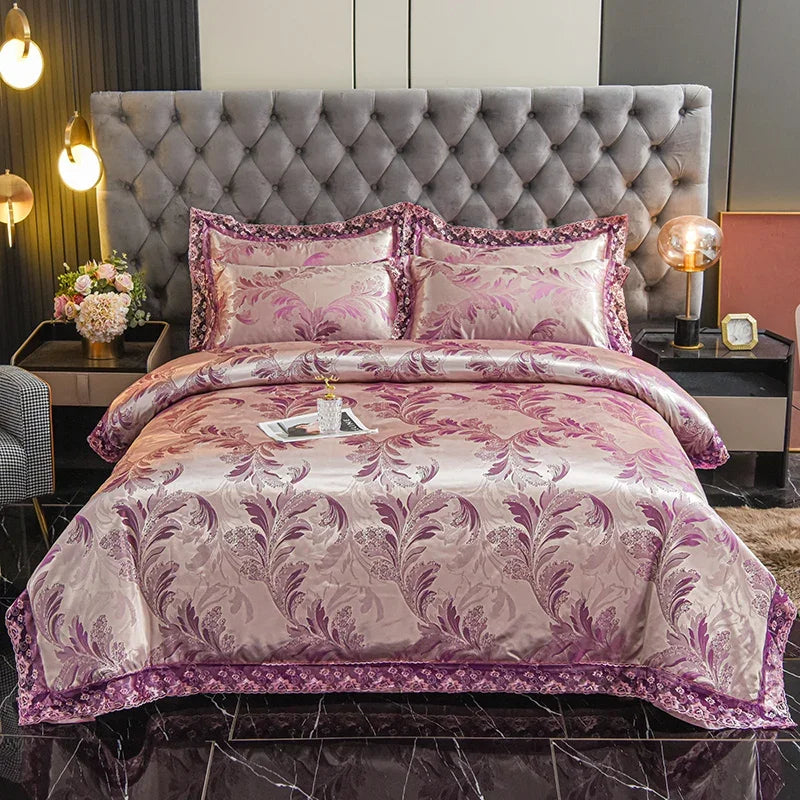 عرض خاص لعام 2025 - طقم مفروشات سرير فاخر من أربع قطع من الساتان الجاكار الأوروبي، غطاء لحاف من الدانتيل المصقول، ملاءة سرير، ومجموعة مفروشات سرير عالية الجودة