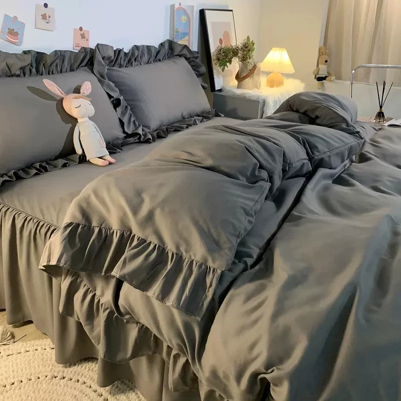 مجموعة مفروشات سرير على طراز الأميرة للمرأة فتاة لطيفة لون موحد كشكش غطاء لحاف ملكي كبير ملاءة سرير تنورة سرير أغطية وسائد