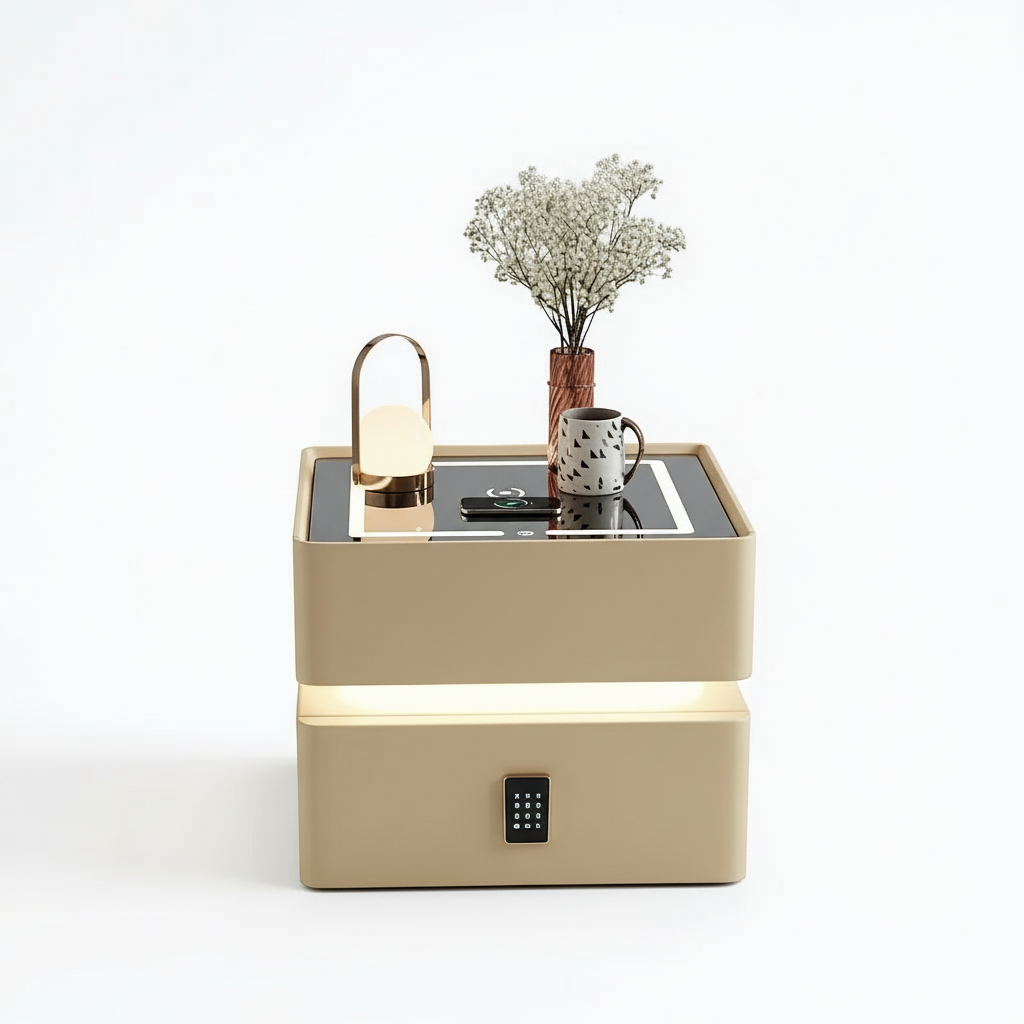 طاولة سرير ذكية معلقة بتصميم كريمي مع إضاءة - خزانة تخزين عصرية بجانب السرير