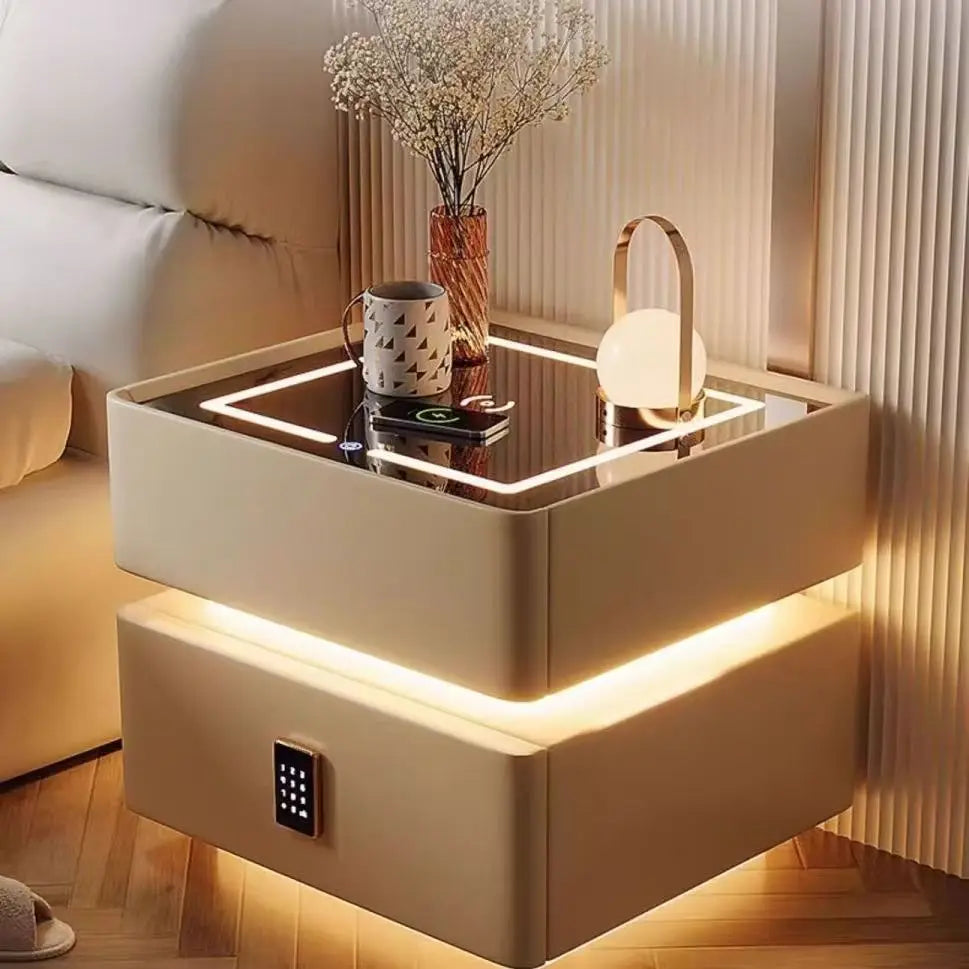 Smart hanging bedside table with cream design and lighting - Modern bedside storage cabinet 