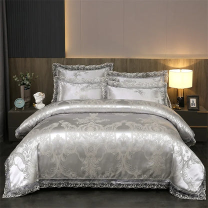عرض خاص لعام 2025 - طقم مفروشات سرير فاخر من أربع قطع من الساتان الجاكار الأوروبي، غطاء لحاف من الدانتيل المصقول، ملاءة سرير، ومجموعة مفروشات سرير عالية الجودة