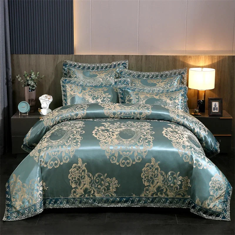 عرض خاص لعام 2025 - طقم مفروشات سرير فاخر من أربع قطع من الساتان الجاكار الأوروبي، غطاء لحاف من الدانتيل المصقول، ملاءة سرير، ومجموعة مفروشات سرير عالية الجودة