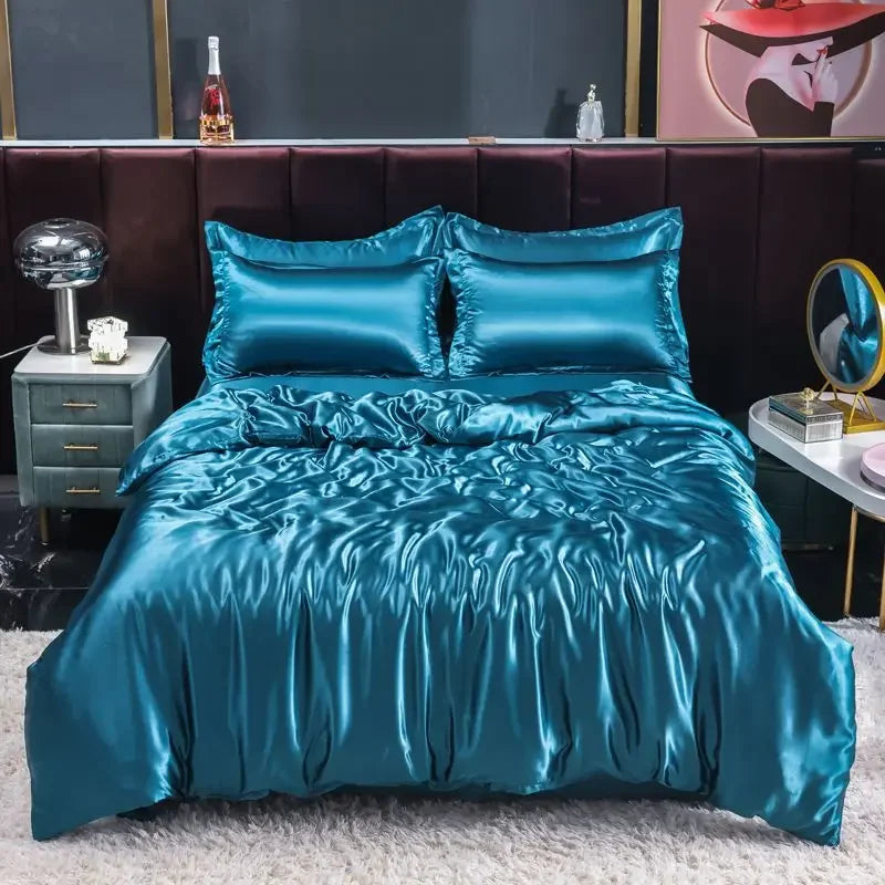 Luxury Nordic satin silk bedding set – duvet cover, bed sheet and pillowcases for single, double or twin beds 
