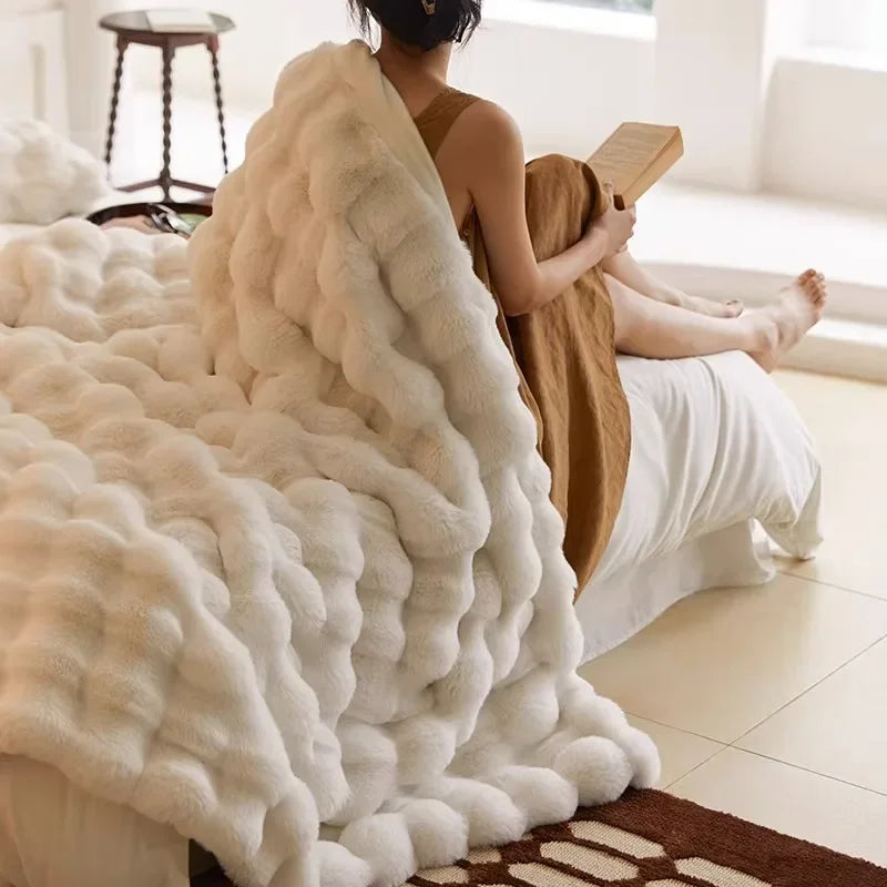 Super soft faux fur blanket similar to rabbit fur - a bubble blanket suitable for all seasons for the bedroom, bed, and sofa; a winter home decor knitted fleece. 
