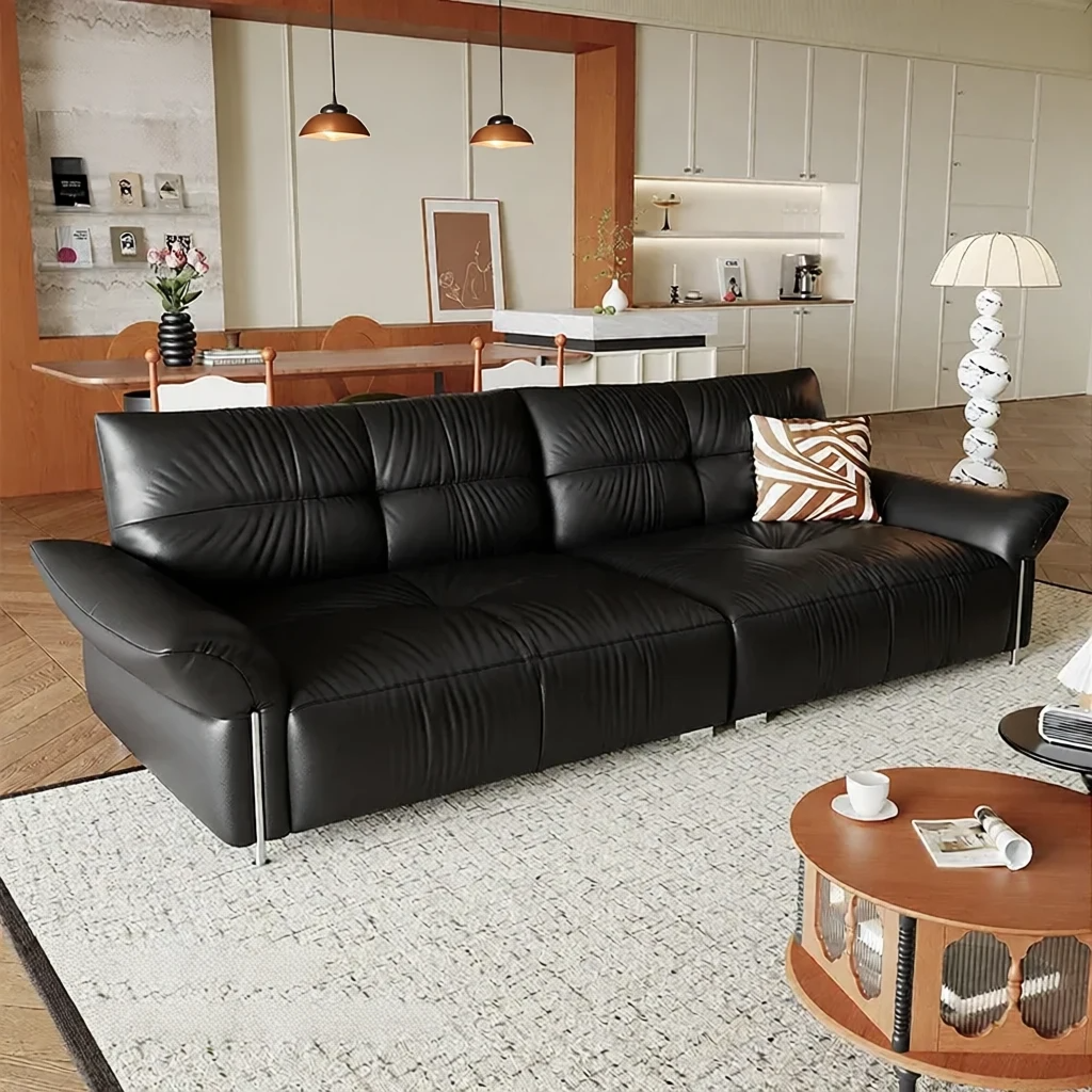 أريكة جلدية لغرفة المعيشة على الطراز الفرنسي القديم من الجلد البقري عالي الجودة مع مسند ظهر مرتفع على شكل سحابة على الطراز العتيق