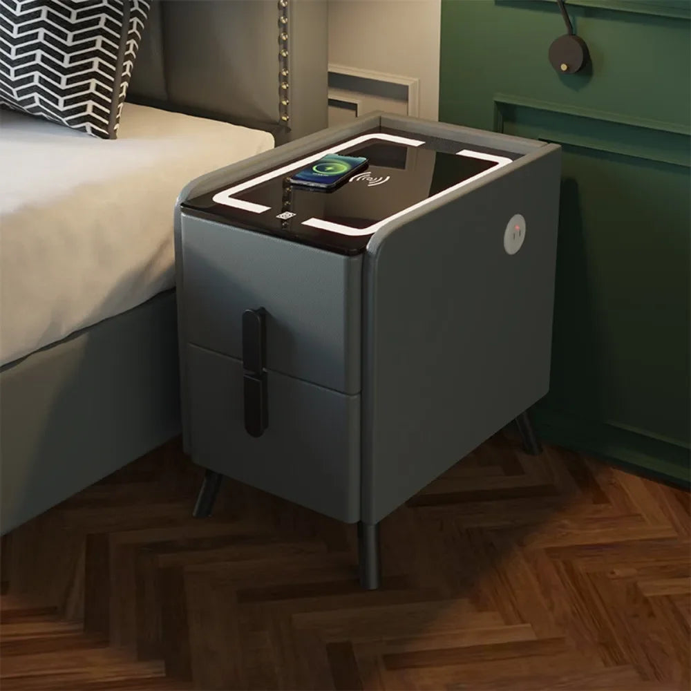 Smart bedside table with wireless charging via USB port - Ultra-slim, modern side table with a minimalist design and LED lighting 