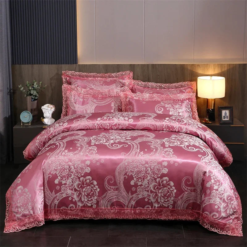 عرض خاص لعام 2025 - طقم مفروشات سرير فاخر من أربع قطع من الساتان الجاكار الأوروبي، غطاء لحاف من الدانتيل المصقول، ملاءة سرير، ومجموعة مفروشات سرير عالية الجودة