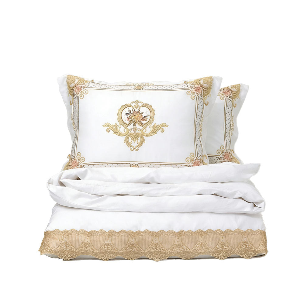 Luxurious Egyptian cotton bedding set with royal lace embroidery in gold. Soft, white Egyptian cotton. Sizes: Queen, King, Extra King. Includes bed sheet, duvet cover, and pillowcase set. 