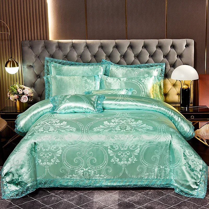 عرض خاص لعام 2025 - طقم مفروشات سرير فاخر من أربع قطع من الساتان الجاكار الأوروبي، غطاء لحاف من الدانتيل المصقول، ملاءة سرير، ومجموعة مفروشات سرير عالية الجودة