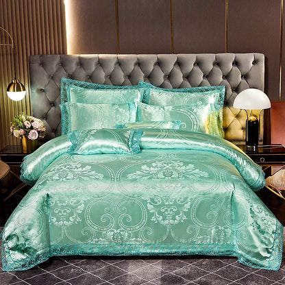 عرض خاص لعام 2025 - طقم مفروشات سرير فاخر من أربع قطع من الساتان الجاكار الأوروبي، غطاء لحاف من الدانتيل المصقول، ملاءة سرير، ومجموعة مفروشات سرير عالية الجودة