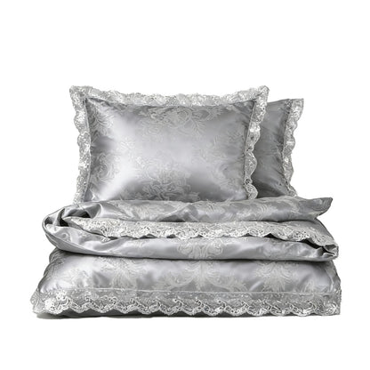 عرض خاص لعام 2025 - طقم مفروشات سرير فاخر من أربع قطع من الساتان الجاكار الأوروبي، غطاء لحاف من الدانتيل المصقول، ملاءة سرير، ومجموعة مفروشات سرير عالية الجودة