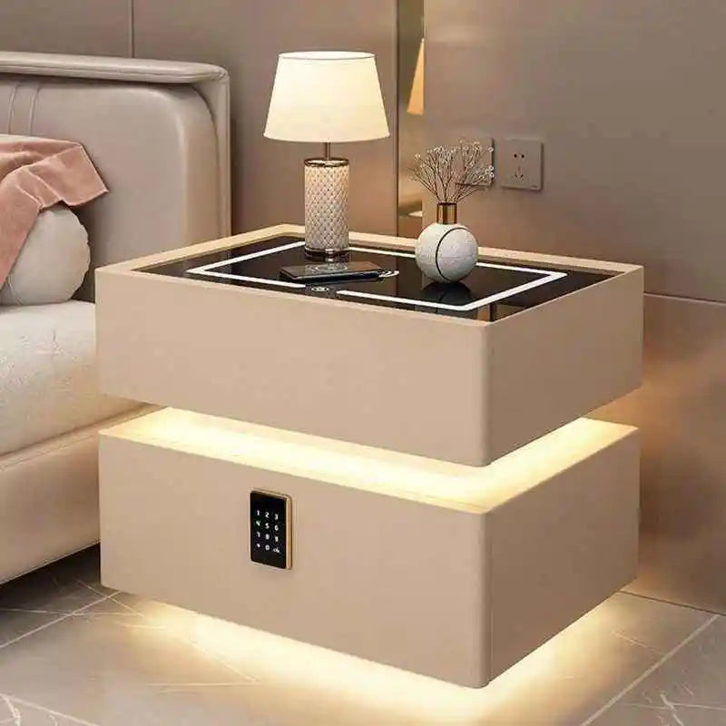 Smart hanging bedside table with cream design and lighting - Modern bedside storage cabinet 