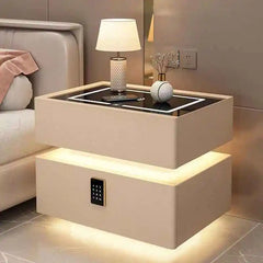 طاولة سرير ذكية معلقة بتصميم كريمي مع إضاءة - خزانة تخزين عصرية بجانب السرير