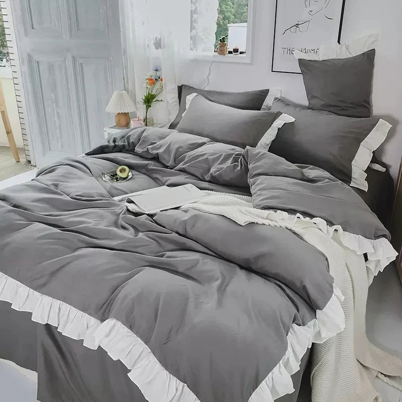 مجموعة مفروشات سرير على طراز الأميرة للمرأة فتاة لطيفة لون موحد كشكش غطاء لحاف ملكي كبير ملاءة سرير تنورة سرير أغطية وسائد