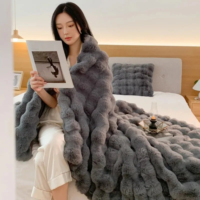Super soft faux fur blanket similar to rabbit fur - a bubble blanket suitable for all seasons for the bedroom, bed, and sofa; a winter home decor knitted fleece. 