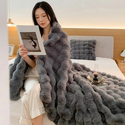 Super soft faux fur blanket similar to rabbit fur - a bubble blanket suitable for all seasons for the bedroom, bed, and sofa; a winter home decor knitted fleece. 