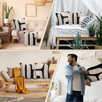 Thick black and white patterned pillow cover - Bohemian geometric pattern decorative pillow cover (18 x 18 inches, abstract pattern) 