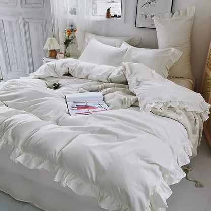 مجموعة مفروشات سرير على طراز الأميرة للمرأة فتاة لطيفة لون موحد كشكش غطاء لحاف ملكي كبير ملاءة سرير تنورة سرير أغطية وسائد