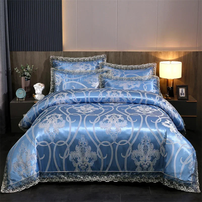 عرض خاص لعام 2025 - طقم مفروشات سرير فاخر من أربع قطع من الساتان الجاكار الأوروبي، غطاء لحاف من الدانتيل المصقول، ملاءة سرير، ومجموعة مفروشات سرير عالية الجودة