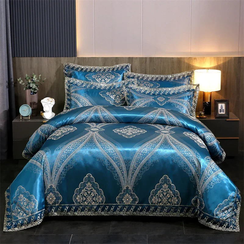 عرض خاص لعام 2025 - طقم مفروشات سرير فاخر من أربع قطع من الساتان الجاكار الأوروبي، غطاء لحاف من الدانتيل المصقول، ملاءة سرير، ومجموعة مفروشات سرير عالية الجودة