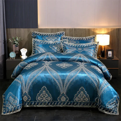 عرض خاص لعام 2025 - طقم مفروشات سرير فاخر من أربع قطع من الساتان الجاكار الأوروبي، غطاء لحاف من الدانتيل المصقول، ملاءة سرير، ومجموعة مفروشات سرير عالية الجودة