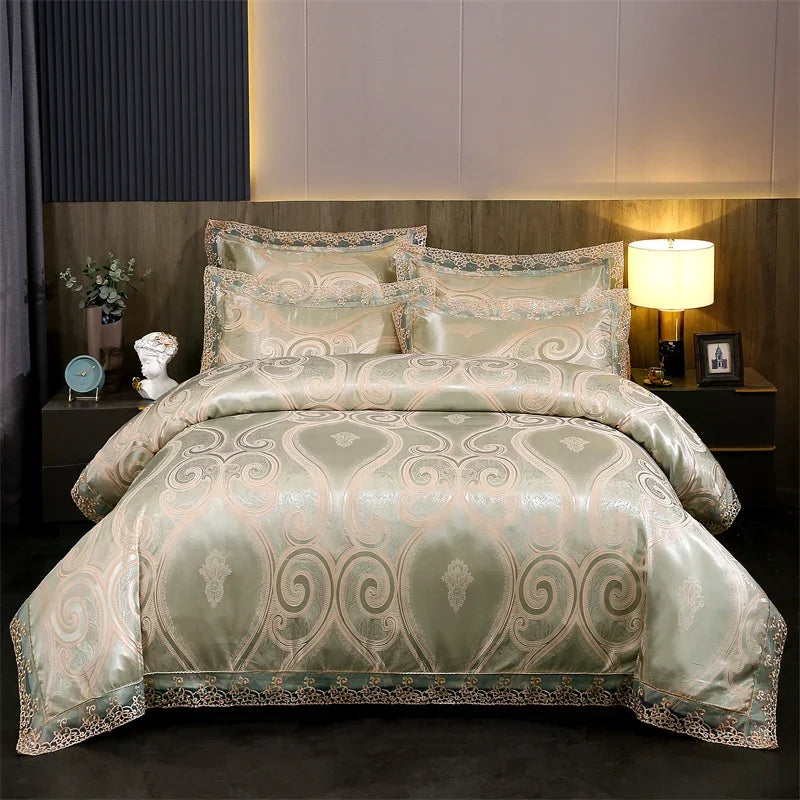 عرض خاص لعام 2025 - طقم مفروشات سرير فاخر من أربع قطع من الساتان الجاكار الأوروبي، غطاء لحاف من الدانتيل المصقول، ملاءة سرير، ومجموعة مفروشات سرير عالية الجودة