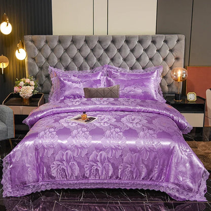 عرض خاص لعام 2025 - طقم مفروشات سرير فاخر من أربع قطع من الساتان الجاكار الأوروبي، غطاء لحاف من الدانتيل المصقول، ملاءة سرير، ومجموعة مفروشات سرير عالية الجودة