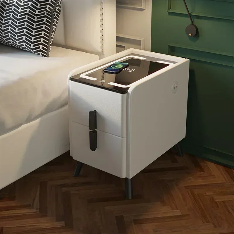 Smart bedside table with wireless charging via USB port - Ultra-slim, modern side table with a minimalist design and LED lighting 