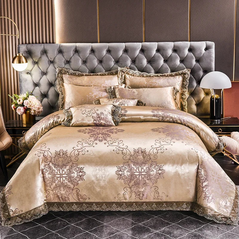 عرض خاص لعام 2025 - طقم مفروشات سرير فاخر من أربع قطع من الساتان الجاكار الأوروبي، غطاء لحاف من الدانتيل المصقول، ملاءة سرير، ومجموعة مفروشات سرير عالية الجودة