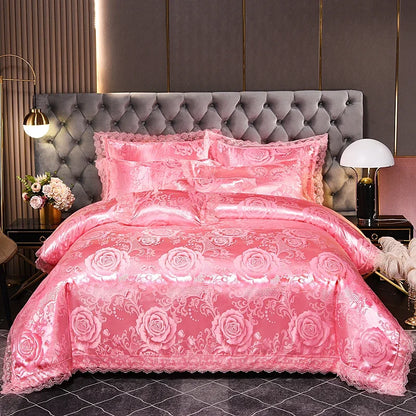 عرض خاص لعام 2025 - طقم مفروشات سرير فاخر من أربع قطع من الساتان الجاكار الأوروبي، غطاء لحاف من الدانتيل المصقول، ملاءة سرير، ومجموعة مفروشات سرير عالية الجودة