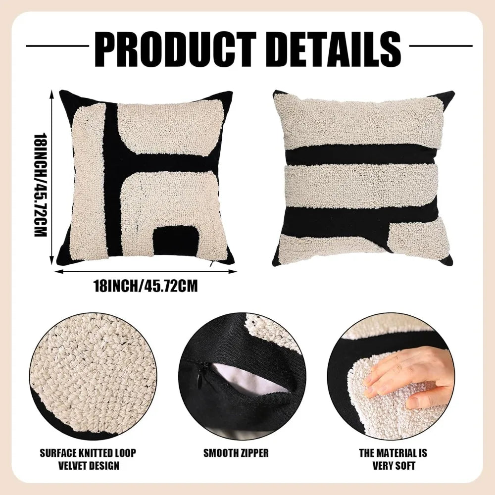 Thick black and white patterned pillow cover - Bohemian geometric pattern decorative pillow cover (18 x 18 inches, abstract pattern) 