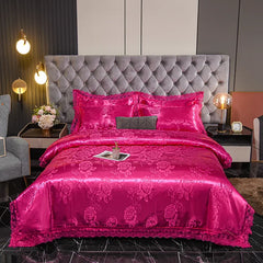 عرض خاص لعام 2025 - طقم مفروشات سرير فاخر من أربع قطع من الساتان الجاكار الأوروبي، غطاء لحاف من الدانتيل المصقول، ملاءة سرير، ومجموعة مفروشات سرير عالية الجودة