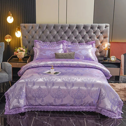 عرض خاص لعام 2025 - طقم مفروشات سرير فاخر من أربع قطع من الساتان الجاكار الأوروبي، غطاء لحاف من الدانتيل المصقول، ملاءة سرير، ومجموعة مفروشات سرير عالية الجودة