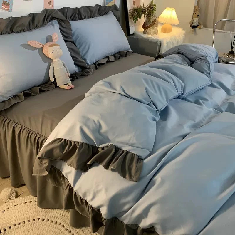 مجموعة مفروشات سرير على طراز الأميرة للمرأة فتاة لطيفة لون موحد كشكش غطاء لحاف ملكي كبير ملاءة سرير تنورة سرير أغطية وسائد