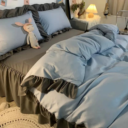 مجموعة مفروشات سرير على طراز الأميرة للمرأة فتاة لطيفة لون موحد كشكش غطاء لحاف ملكي كبير ملاءة سرير تنورة سرير أغطية وسائد